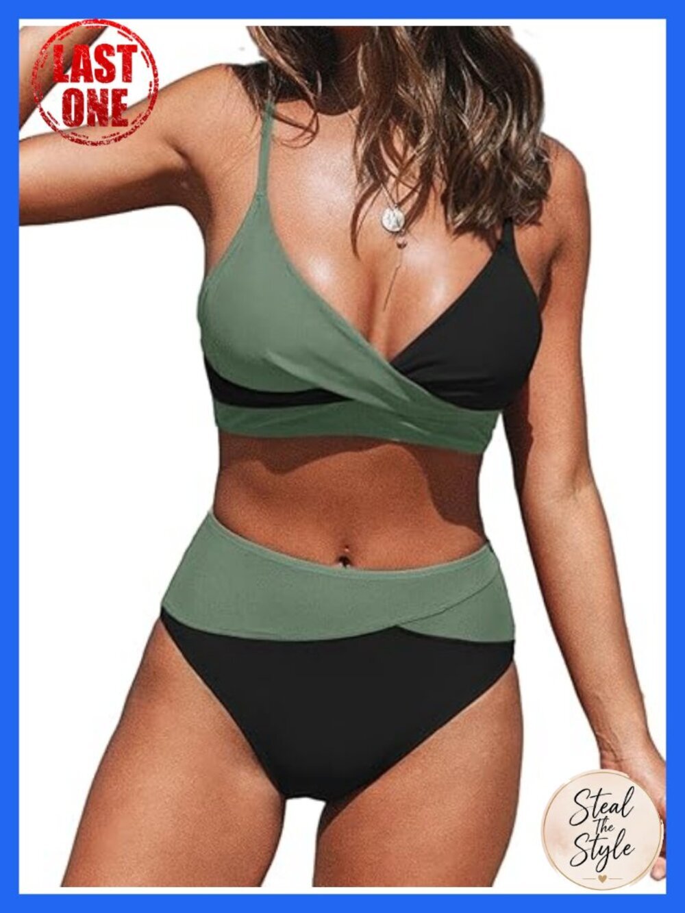 High Waisted V Neck Twist Front Bikini Set with Adjustable Spaghetti Straps